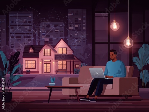 AI-powered automated real estate analytics and property valuation. Intelligent property management and AI-powered property investment. Man using laptop computer.