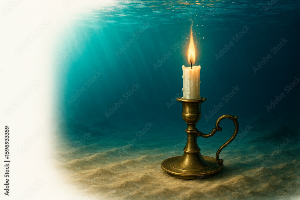 Naklejka premium A candle burns at the bottom of the ocean, under water. Space for text.