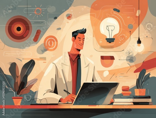 AI-powered brainstorming. Artificial intelligence generating ideas. Intelligent automation and collaboration. Businessman using laptop computer to create ideas and solutions