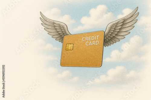 A credit card with wings in the sky, fleeing finances. Space for text.