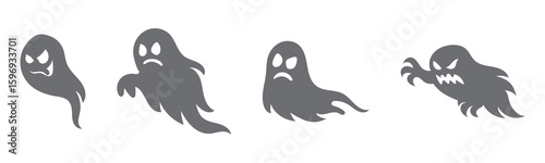 Ghosts silhouettes. Halloween spooky flying mysterious phantoms, ghosted night shadows. Scary ghosts flat vector illustrations set