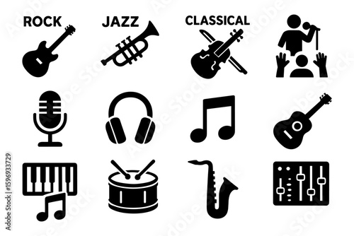 Silhouette icons of musical instruments and genres in black and white