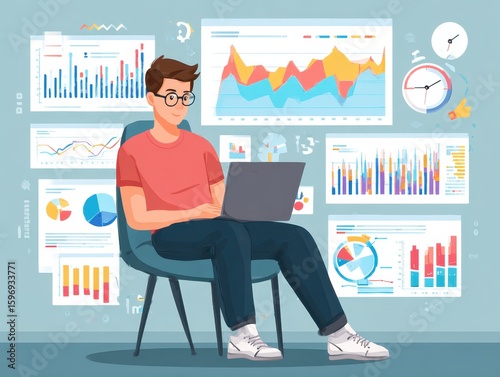 Analyzing business data. Business analytics concept.Businessman using laptop. Many graphs and charts.