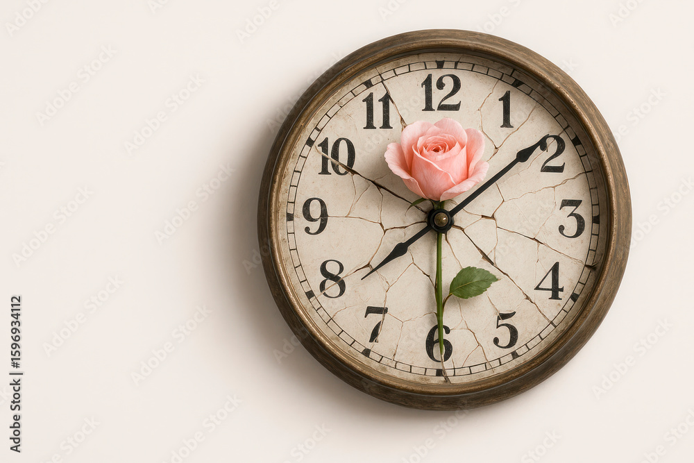 An antique clock with a rose in the center of the dial. Space for text. An antique clock with a rose in the center of the dial. Space for text.