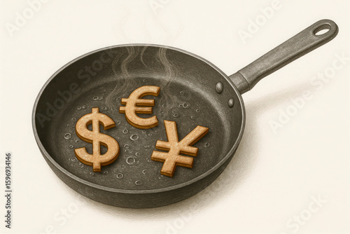 A frying pan with currency symbols on a hot surface.