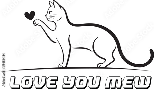  Cat Reaching for Heart with Love You Mew Text Vector Illustration