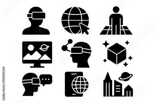 Virtual reality icons for technology and futuristic concepts in silhouette style