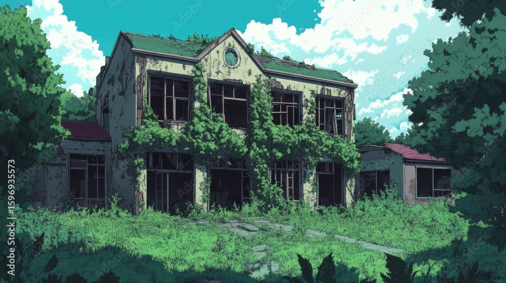 Obraz premium A dilapidated, overgrown building stands amidst lush, verdant surroundings.