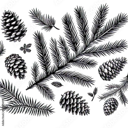 Detailed black and white illustration of pine cones and pine tree branches arranged artistically