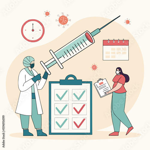 A doctor and nurse are preparing for vaccinations, checking schedules and medical records to ensure efficient and safe immunization during the ongoing pandemic