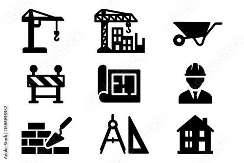 Construction icon set: tools, equipment, and plans in bold silhouette style
