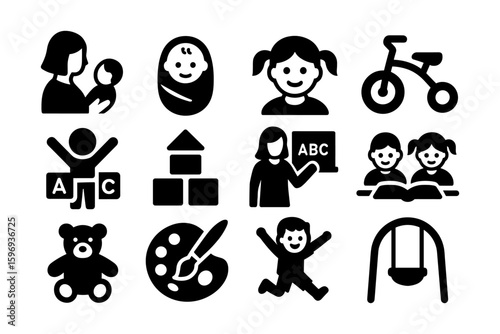 Simple icons of childcare and playtime featuring toys and education
