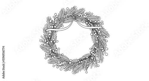 Illustration of a christmas wreath with berries and ribbon in black and white