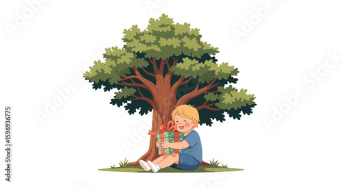A boy with blond hair sits under a tree hugging a wrapped present tightly