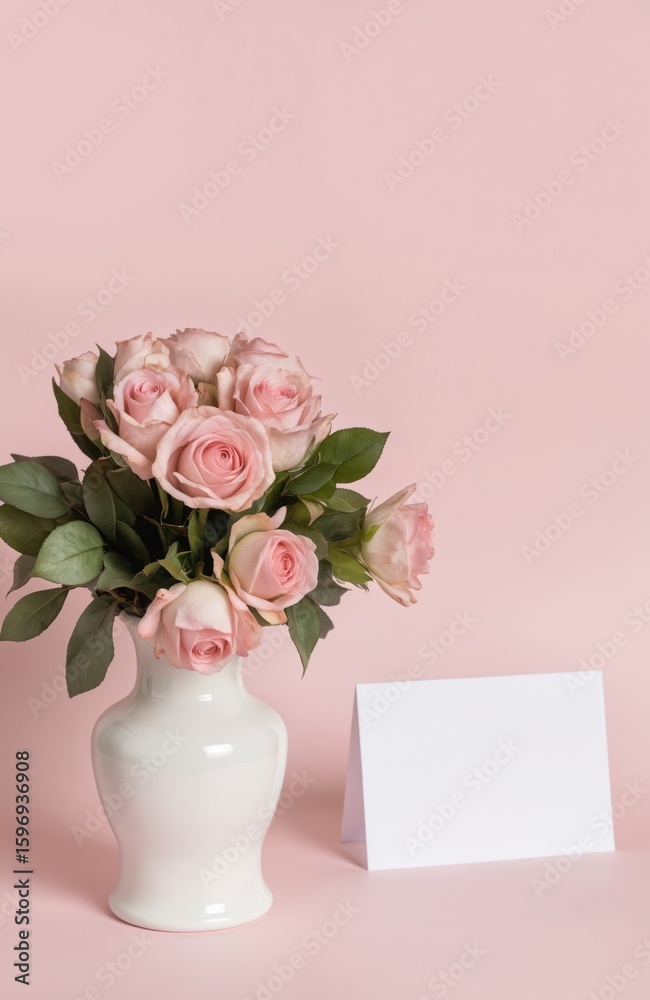 Obraz premium Delicate bouquet of pink roses in a white vase. A blank greeting card sits beside the floral arrangement on a soft pink background, perfect for Valentine Day or any romantic occasion.