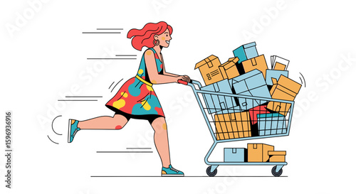 Woman running with a shopping cart full of boxes and packages illustration