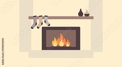 Illustration of a fireplace with socks hanging and decorative vases on top