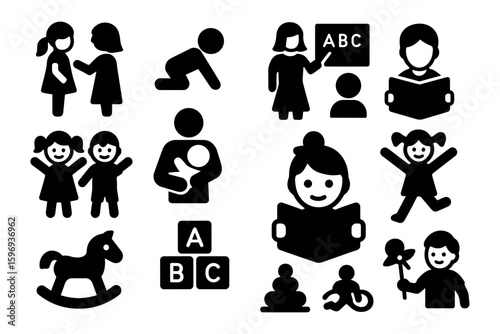 Silhouette icons of kids learning, playing, and reading in early education