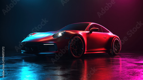 Red Sports Car in Neon Light Studio