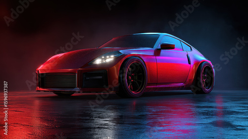 Red Sports Car in Neon Light Studio