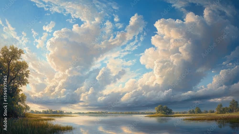 A serene landscape featuring a cloudy sky reflected in the calm waters of a lake
