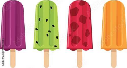 A vibrant illustration of four colorful popsicles lined up against a white background design