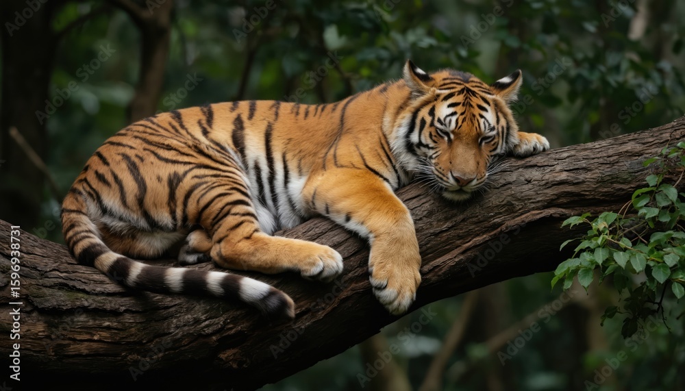 Obraz premium Majestic tiger naps peacefully on thick tree branch in rich green jungle foliage. Iconic orange, black stripes clearly visible. Powerful predator rests, natural habitat, wild nature, conservation
