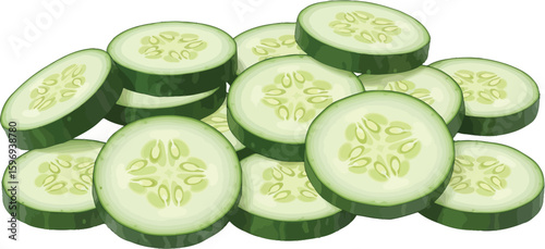 A pile of cucumber slices with a green rind and pale green center on a white background