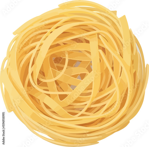 A single serving of uncooked tagliatelle pasta nest isolated on a white background surface view