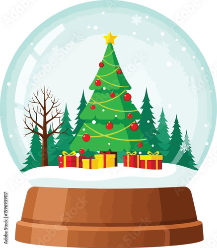 A christmas snow globe with a decorated tree presents and a bare tree on a white background