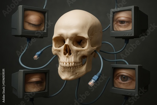 A skull connected to monitors displaying eyes, symbolizing the intersection of technology and human consciousness.