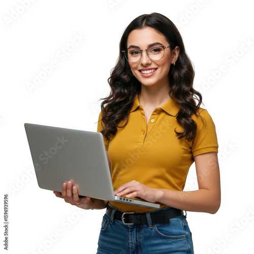 Young woman with laptop isolated on transparent background