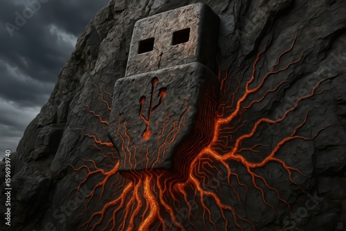 A usb symbol embedded in a lava-like rock, emitting glowing orange energy against a moody, stormy backdrop.
