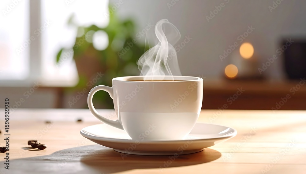 Fototapeta premium Warm coffee cup on wooden table
