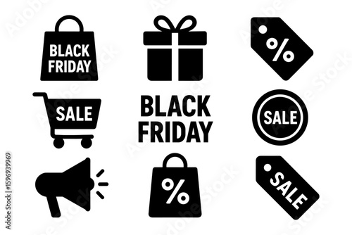 Black friday shopping icons set featuring sale tags and discounts