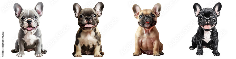 Fototapeta premium Four adorable French Bulldogs of various colors sitting side by side, a delightful display of canine companionship and charm for pet lovers and enthusiasts isolated transparent background