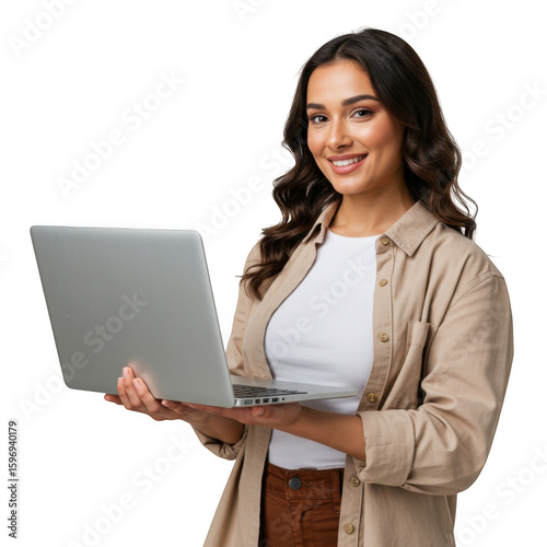 Young woman with laptop isolated on transparent background