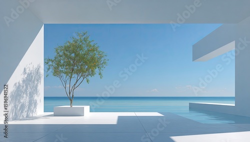 Minimalist oceanfront patio design   tree  pool  clear sky.  Architectural rendering