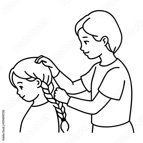 Older sibling braiding younger sister's hair in simple line drawing  