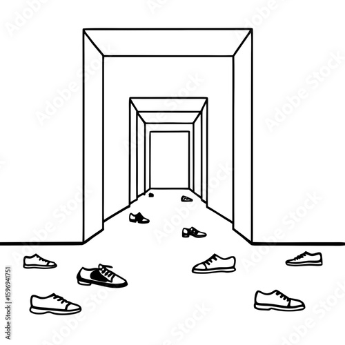 Shoes scattered in hallway with minimalistic line art style  