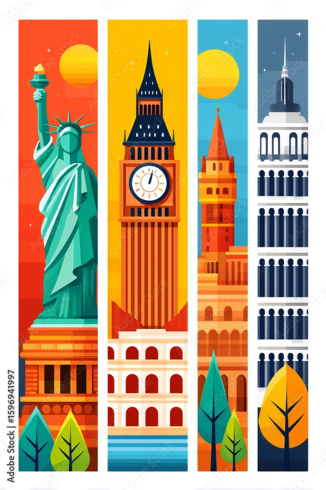 Fototapeta premium Statue of liberty, big ben, colosseum and leaning tower of pisa representing travel destinations