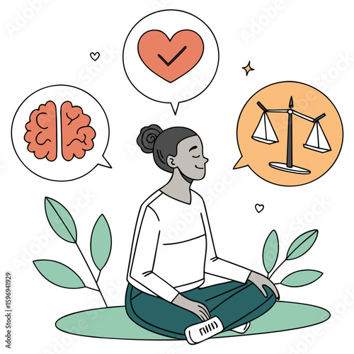 A woman finds inner peace through meditation, balancing her mind, heart, and sense of justice for overall wellness and mindfulness