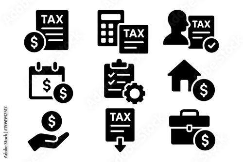 Financial tax icons set featuring money, documents, and calculator in bold silhouette style