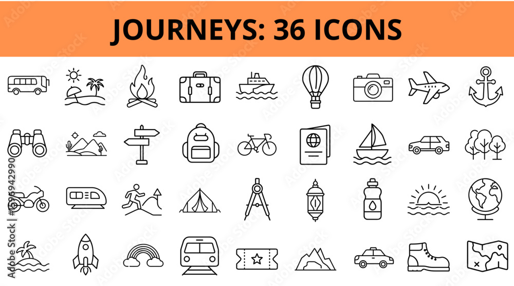 Fototapeta premium Journey-themed icon set featuring various travel symbols and activities 