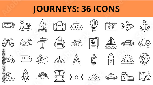 Journey-themed icon set featuring various travel symbols and activities  
