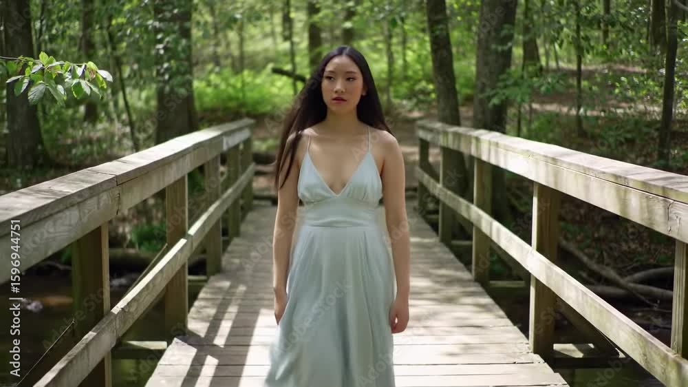 Woman in light blue dress on a bridge Woman in light blue dress on a bridge