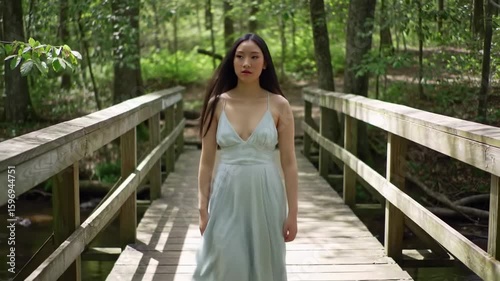 Woman in light blue dress on a bridge