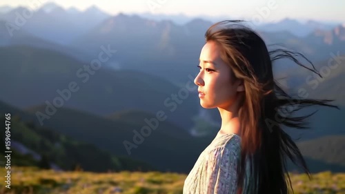 Woman in mountains at sunset