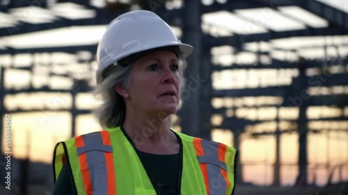 Woman in safety vest and hardhat at industrial site