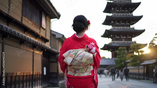 Woman in traditional Japanese clothing, temple background